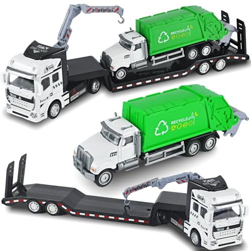 Jovecinn 2 Stück Abschleppwagen Spielzeug Autotransporter Müllauto Auto Mülleimer Müllabfuhr Müllwagen Cars LKW Spielzeug für Kinder ab 3 Jahre Junge Mädchen Geschenk