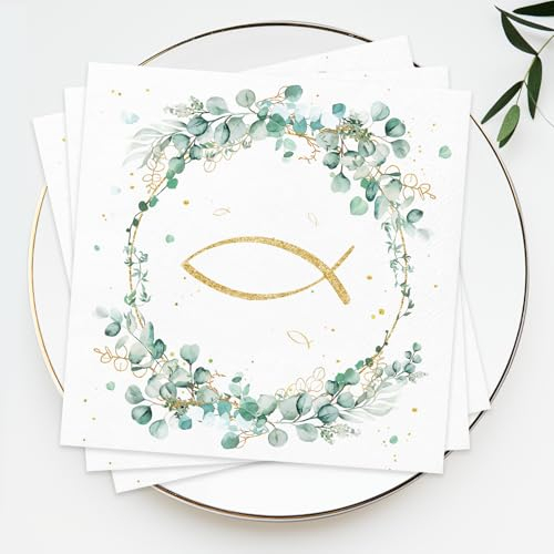 Servietten Eukalyptus Grün, Wentsent 40 Stück Eukalyptus Kranz Fisch Servietten Papierservietten Tischdeko für Taufe, Kommunion Konfirmation Jungen Mädchen 33x33cm