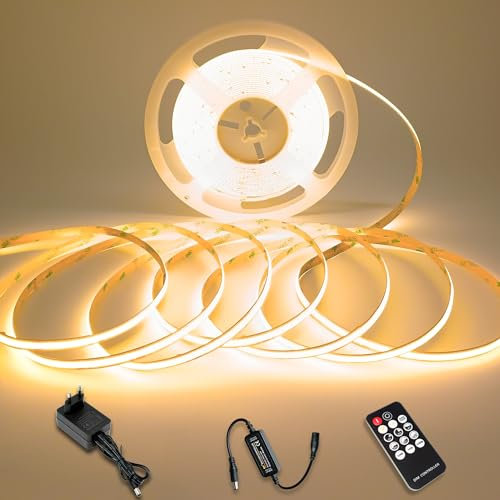 MOJIAZH COB LED Streifen 3000K Warmweiß, 24V 10M Dimmbares Lichtstreifen, IP20 Innen Light Strip, mit RF Fernbedienung, GS Netzteil, CRI90+ Helles Unterbaulicht. Schlafzimmer, Schrank DIY Dekoration.
