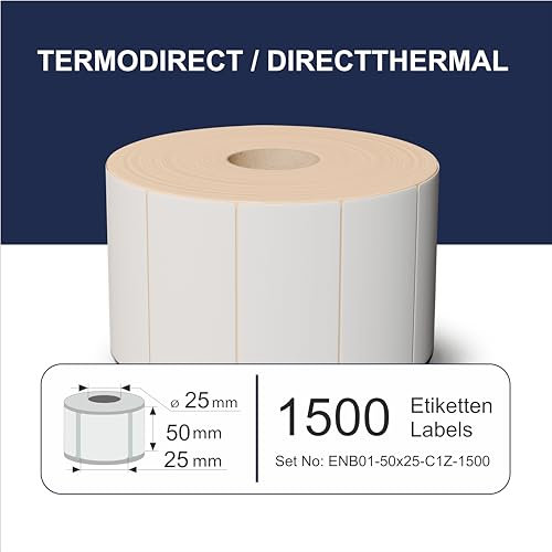 Selbstklebende Thermo Etiketten ECO, 50x25 mm, 1 Zoll Kern, Blanko, 1500 Stück auf Rolle, Standard- und Industriedrucker, Thermodirekt permanent