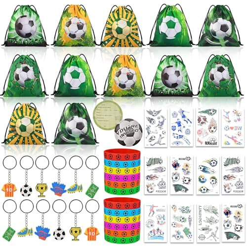GOLDGE Football Party Bags Fillers, 60pcs Football Party Favors Set with Football Invitations, Stickers, Wristbands, Keychain, Drawstring Bag, Football Toys for Boys Girls Birthday Party Gift