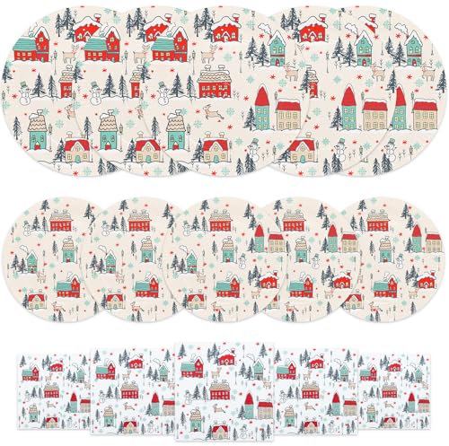HNH Set di Piatti e Tovaglioli di carta per Natale | Villaggio di Natale | Piatti da dessert 18cm, Piatti di carta 23cm con 33cm Tovaglioli di carta per feste Set di stoviglie usa e getta 16 persone