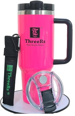 ThreeRs Quencher Travel Tumbler with Handle Straws Insulated Coffee Cup Telescopic Metal Straw, 2 Lids, Summer Water Bottle, Mug for Hot - Cold Drinks 40oz/1180ml Neon Colour (Pink)
