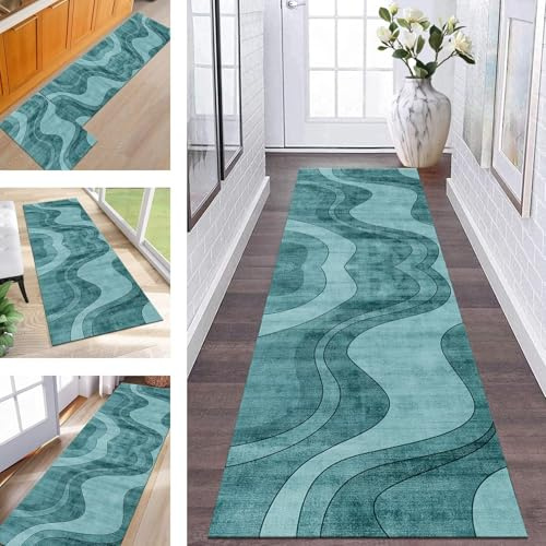 Teppich Läufer Küche Flur Waschbar Rutschfest Teppichläufer 60X120CM Meterware Läufer Teppich Türkis Abstrakt Flurteppich Kinderzimmer Schlafzimmer Wohnzimmer Küchenläufer Teppich Anpassbar Dauerhaft