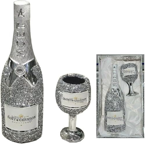 Crushed Diamond Sparkle Bottle with Galss Ornament, Large Crystal Glitter Sparkly Bottle Home Decoration Silver, 30cm