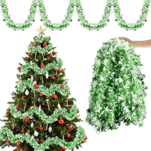 Aitsite 10M/Pack of 5 Lametta Weihnachtsbaum, Lametta Weiß und Grün Schneeflocke Weihnachtsdeko Weihnachtsbaum Girlande Weihnachten deko Party Weihnachtsfeier Weihnachtsdekoration Hängende