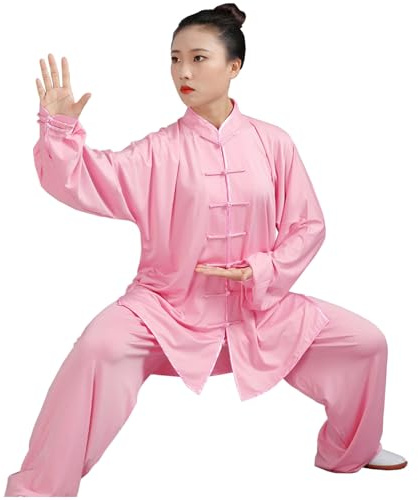 DAYKET Uniformi Tradizionali Cinesi per Tai Chi per Uomini e Donne, Abbigliamento per Arti Marziali, Tuta da Allenamento mattutino/Inclusi Top e Pantaloni,Pink-L
