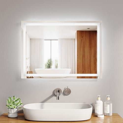 LOMIKEN Badezimmerspiegel mit Beleuchtung, Spiegel mit Beleuchtung 6400K, Wandspiegel mit LED-Licht Energiesparen Vertikal/Horizontal 50 x 70 x 3,5 cm