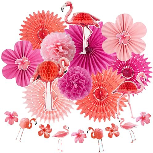 SUNBEAUTY 13 Stück Flamingo Deko Rosa Papier Fächer Dekoration Hanging Girlande Papierfächer Pink deko für Kindergeburtstag Hawaii Deko Frühling/Sommer Geburtstag Dekoration