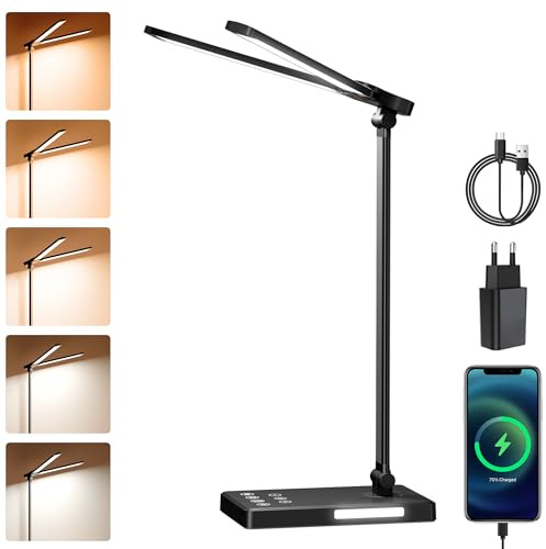 Bazcuka Dual Arm LED Schreibtischlampe Dimmbar mit Nachtlicht, Touch-Steuerung Schreibtischlicht mit Auto-Off Timer, Augenschutz Tischlampe mit USB Ladefunktion 5 Farbmodi