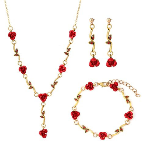 FDEETY Schmuckset Rosen Blumen Kette Armband Ohrringe Damen Schmuck Elegant Hochzeit Schmuckstück Geschenkidee