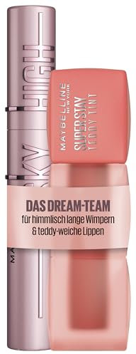 Make-Up Set Maybelline New York Schwarze Wimperntusche für extrem lange Wimpern, Lash Sensational Sky High Mascara, Very Black, 7,2 ml + Super Stay Teddy Tint Baby Tee 25