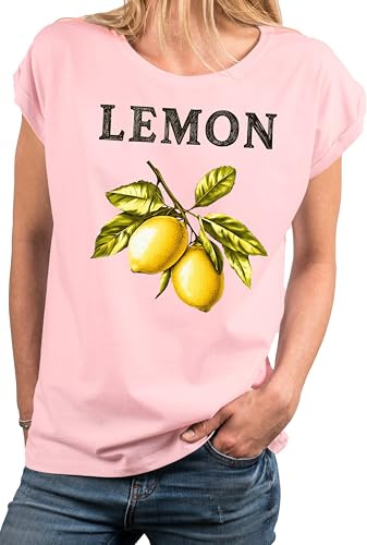 MAKAYA Damenshirt mit Zitronen Motiv Kurzarm Top Frauen Oberteil mit Zitronenprint Damen Shirt