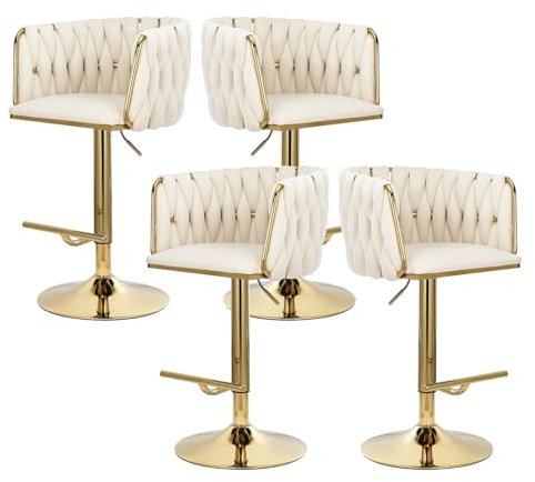AONYAYBM Tabouret de Bar Lot de 4, Tabouret Bar en Velours, Hauteur Réglable 360° Pivotant Haute Bar Chaise, avec Dossier Tressé Et Pieds Dorés, Tabourets pour Bar/Cuisine, Style Scandinave (Beige-3)