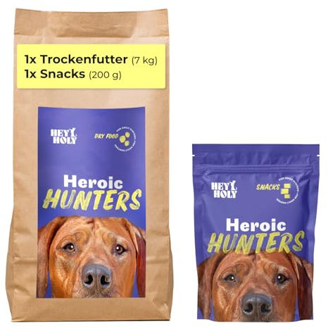 HEY HOLY Set 7 kg Trockenfutter & 1 x 200 g Snacks für große Jagdhunde 100% getreidefrei | Hundefutter & Leckerlis für ausgewachsene große Jagdhunde mit Ente | Hochverträglich aus natürlichen Zutaten