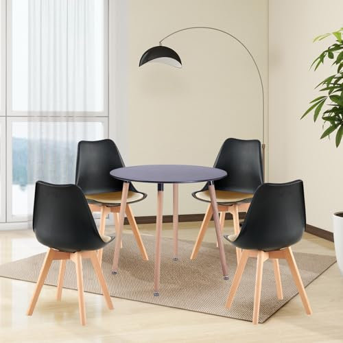 H.J WeDoo Rund Esstisch mit 4 Stühle Essgrupp, 80cm Küchentisch und 4er Set Esszimmerstühle Esszimmergruppe Sitzgruppe für Küche Wohnzimmer (Schwarz Tisch+4 Schwarz-Gold Stühl)