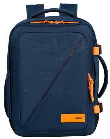 American Tourister Take2Cabin - Ryanair/Wizz Air/Vueling Kabinentasche 40 x 30 x 20 cm, 26.5 L, 0.60 kg, Handgepäck, Flugzeug Rucksack MS, Blau/Orange (Dark Navy/Radiant Orange)