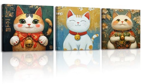 Piy Painting Tier Leinwandbilder, Kätzchen Leinwand Gemälde, Glocken Leinwanddruck, Gemälde Für Schlafzimmer Wohnzimmer Eingang Diele Cafe Wanddekoration, Set Von 3, 30x30 cm (90x30 cm)