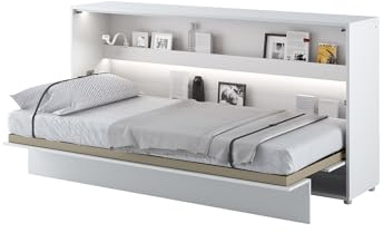 MEBLINI Schrankbett Bed Concept - Wandbett mit Lattenrost - Klappbett mit Schrank - Wandklappbett - Murphy Bed - Bettschrank - BC-06-90x200cm Horizontal - Weiß Matt mit Matratze