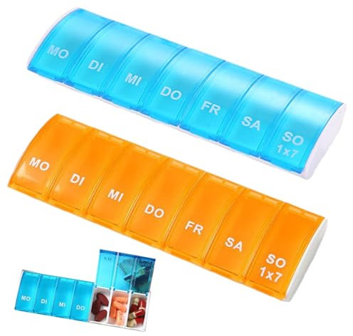 OUDQFCJ Zwei 7-Tage-Pillenboxen Deutsche Pillenboxen Pillenbox-Organizer Wöchentliche Pillenboxen (Blau und Orange)