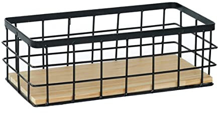 Wire Storage Baskets with Wooden Base Wall Mounted Metal Organiser Tray for Kitchen Bathroom Bedroom Office, Decorative Grid Shelf 29x13x10cm