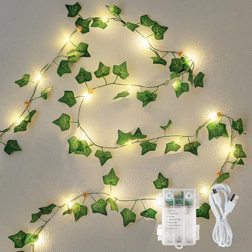 Pellimo Vine with Fairy Lights Battery Operated, 23FT 73 LED Leaf Lights USB Powered, Lighted Ivy Garland for Bedroom, Wall, Party, Garden, Birthday, Wedding, Room Decor, Warm White