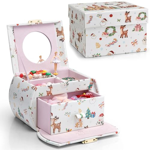 VLANDO Girls Jewellery Box with Ballerina, Music Box with Gift Box, for Kids, Childrens, Womens (Printed-White)