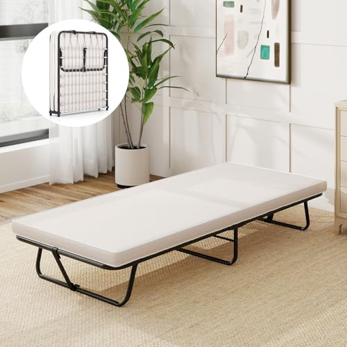 COSTWAY 190 x 80 cm Gästebett mit Matratze, Klappbares Einzelbett, Stabiler Metallbett bis 170 kg, Klappbett mit Memory-Schaum & Metallgestell, Faltbett für Camping Gästezimmer, Tragbares Bett, Beige