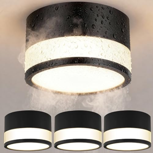 ZIZZLER 4er IP44 Wasserdichte Deckenleuchte Aufputz Schwarz für Bad Küchen, LED Aufbauspots Warmweiß 3000K für Wohnzimmer Flur, 12W 1100LM Aufbaustrahler Deckenspot 230V Feuchtraum, Rund Ø100mm*63mm