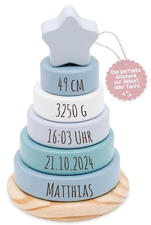 wunderwunsch smallfoot Holz Stapelturm ab 1 Jahr Pyramide personalisiert | Steckturm und Motorikspielzeug aus Holzspielzeug Regenbogen Ringe, Stapelspielzeug Kinder Steckhaus Würfel, Stapelringe