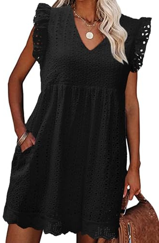 PASUDA Robe Femme Ete Chic Robe Courte avec Poches Robe Boheme Coton en Dentelle Jacquard Col en V Ample Robe Swing D 'été Robe de Plage Décontracté à Manches à Volants (Noir, XL)