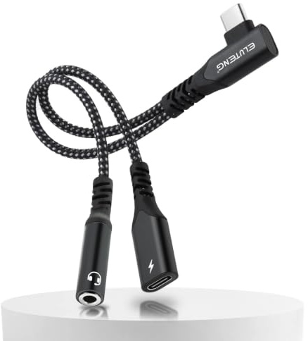 ELUTENG Adattatore audio da USB C a 3,5 mm con ricarica, 2 in 1 60 W PD ricarica rapida da tipo C maschio a USB C femmina + jack da 3,5 mm con splitter ad angolo retto da tipo C a AUX per iPhone 17
