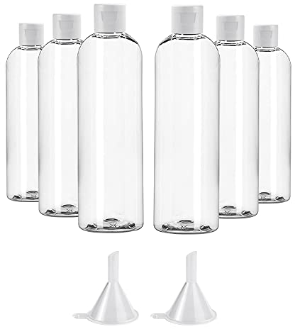 BUZIFU 6 Pcs Plastic Bottles 100ML Empty Travel Bottles Flip Cap Bottles Cosmetic Bottle Transparent Containers Air Flight Travel Containers Set with 2 Pcs Small Funnel for Travels Cosmetic - Clear
