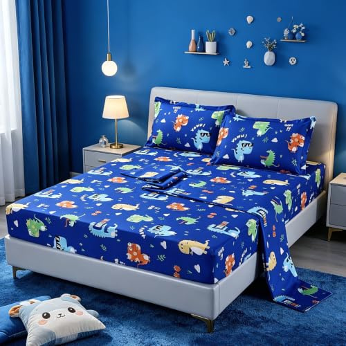 SDIII 4PCS Cute Dinosaur Sheets Set Twin, Soft Microfiber Dinosaur Sheets Twin Size, Dino Bed Sheet for Boys Girls Kids and Teens All Season
