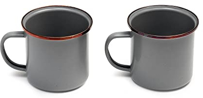 Barebones Kaffeetassen-Set, Emaille, Kupferrand, Edelstahlverzierung, Grau