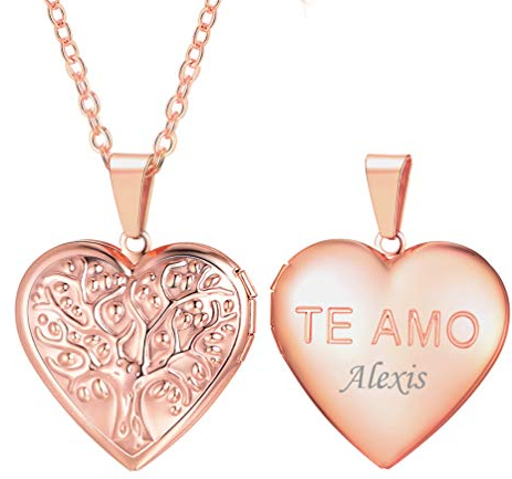 PROSTEEL Collier Coeur Femme Personnalisé Plaqué Or Rose Chaîne Pendentif Porte-Photo avec Motif Arbre de Vie Gravure Te AMO Bijoux Tendance pour Fille Cadeau Parfait