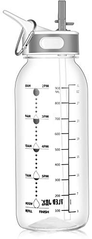 GHONLZIN Wasserflasche 1L Sports Bottle BPA-freier Trinkflasche mit Zeitmarkierungs-Tracker, Spülmaschinenfest Water Bottle für Fahrrad, Gym, Yoga, Outdoor, Camping