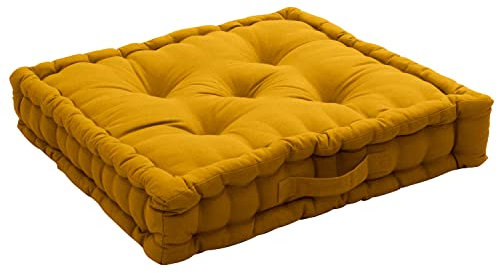 Cuscino da pavimento con manico, 50 x 50 cm, giallo senape, 100% cotone certificato Oeko Tex, imbottitura 100% cotone riciclato, imbottito per garantire una buona tenuta, collezione Panama, Enjoy Home