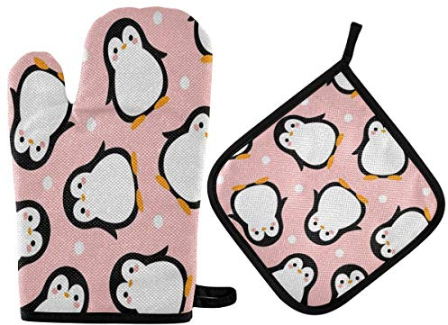 Funnyy Ofenhandschuhe und Topflappen, Set mit niedlichen Tieren, Pinguin, hitzebeständige Baumwolle, Ofenhandschuhe, rutschfest, waschbar, Topflappen zum Kochen, Küche, Grillen, Backen, Grillen