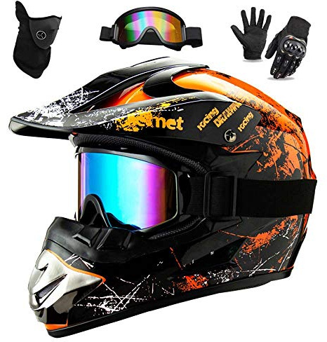 WEITY Casco da Motocross Set con Occhiali Guanti Face Mask, per bambini e adulti, casco da motociclista AVT MX integrale per Downhill Offroad Enduro Scooter Sport (Orange,L)