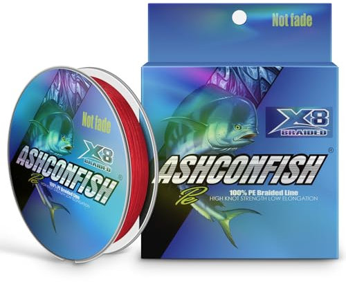 Ashconfish Colorfast - Lenza da pesca intrecciata, 8 fili, non sbiadisce, resistente all'abrasione, senza allungamento, diametro più piccolo, 100 m, 27,2 kg, colore: rosso