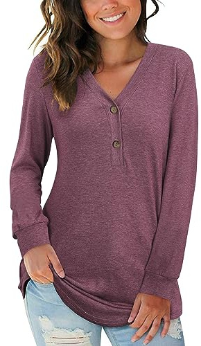 AUSELILY Women's Long Sleeve Tops V-Neck Jumpers Causal Button Down Sweatshirts Loose Henley T Shirt Blouse(Mauve,2XL)