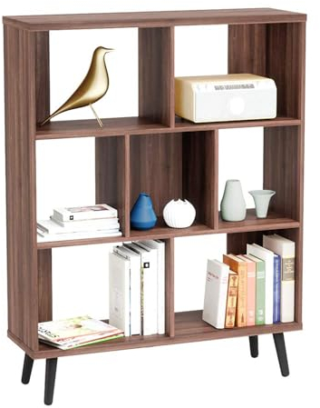 Bestier Mid-Century Bücherregal Modernes Bücherregal mit 7 Würfelaufbewahrung und Beinen Freistehendes dekoratives Organizer-Regal für Wohnzimmer Schlafzimmer Home Office Möbel