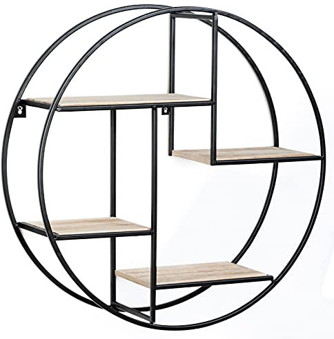 IDMarket - Rundes Wandregal, 4 Ebenen, Holz und Metall, industrielles Design