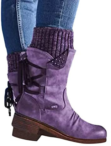 ORANDESIGNE Bottes Mollets Larges Femmes Confort Bottes de Neige Boots Équitation Décontractée Botte Montantes Bottine Boots de Chevalier Femmes en Faux Cuir Chaussures Bottines C Violet 39 EU