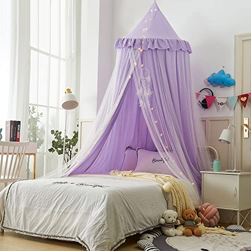 Ricemru Doppellagig Baldachin Betthimmel Groß Baumwolle Lila Mädchen Blickdicht Babybett Kinderbett Moskitonetz Rund Hängende Insektenschutz Kinder Schlafzimmer Spiel Lesen