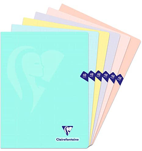 Clairefontaine 308311C Lot de 10 Cahiers Agrafés Mimesys PASTEL - 24x32 cm - 48 Pages Grands Carreaux - Papier Blanc 90 g - Couverture Polypro Opaque - Couleurs Aléatoires