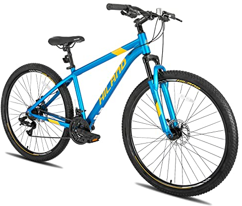HILAND, mountain bike da 29 pollici, con ruote a raggi 431/482 mm, telaio in alluminio a 21 marce, freno a disco, forcella ammortizzata, da uomo e da donna, colore nero/blu