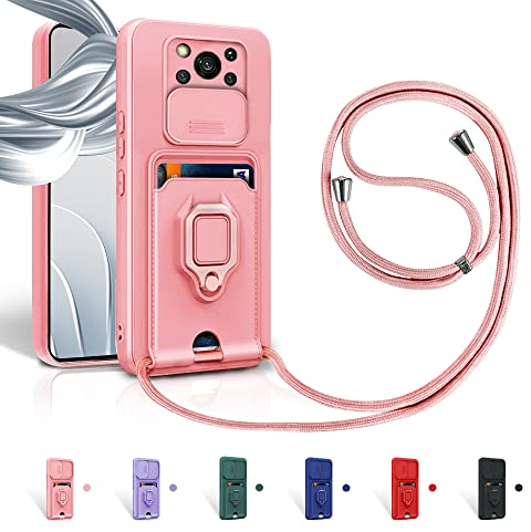 Aithne Funda con Cuerda para Xiaomi Poco X3/X3 Pro/X3 NFC Case con Ranura para Tarjetas,360 Anillo función de Soporte Cubierta -Pink