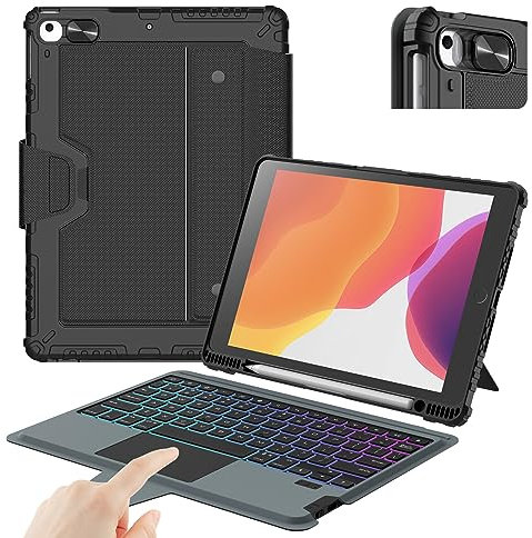 Nillkin Funda para iPad de 9ª generación (10.2 pulgadas, 2021) con teclado desmontable, trackpad mágico, retroiluminación de 7 colores, modos vertical/horizontal, funda de teclado resistente con
